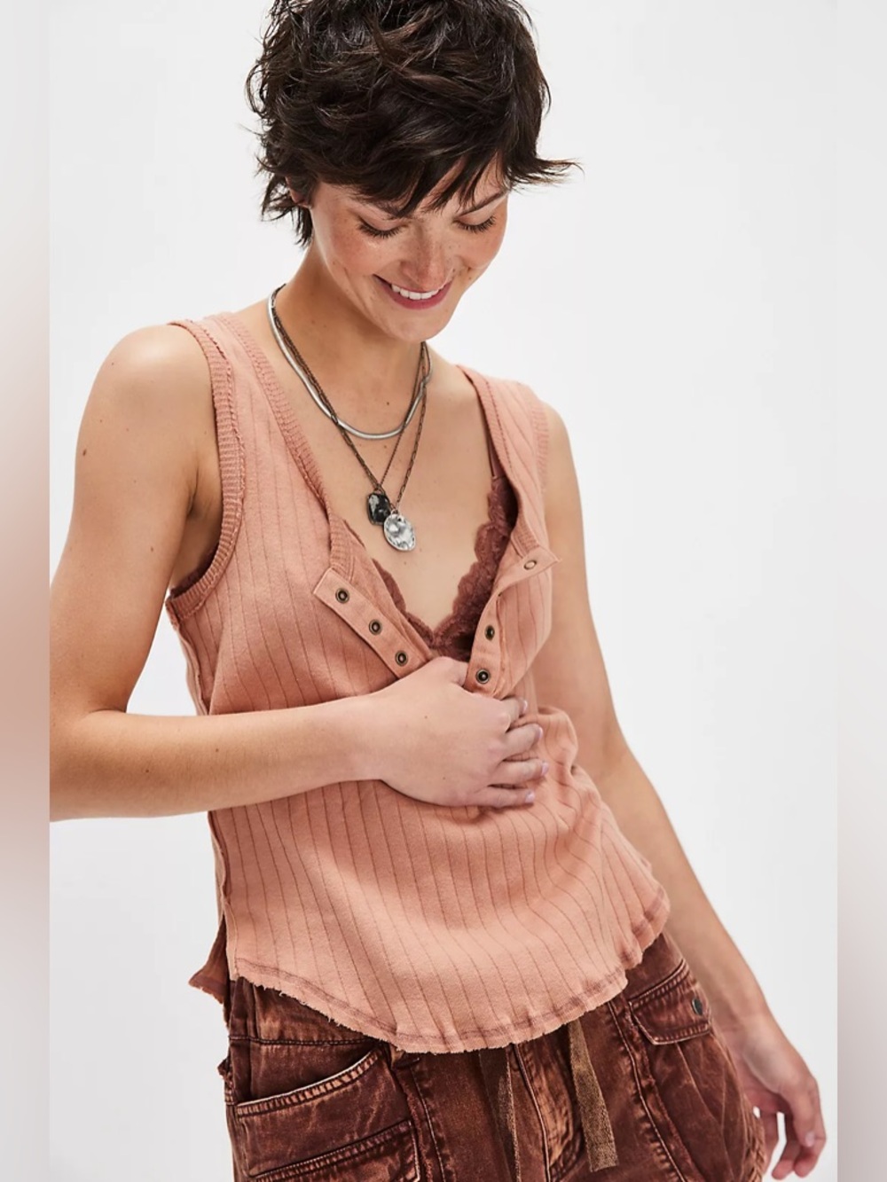 Free People We The Free Bryson Henley Tank in Tawny Birch Brown size Large
